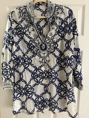 Embroidered Navy & White Tunic Top
